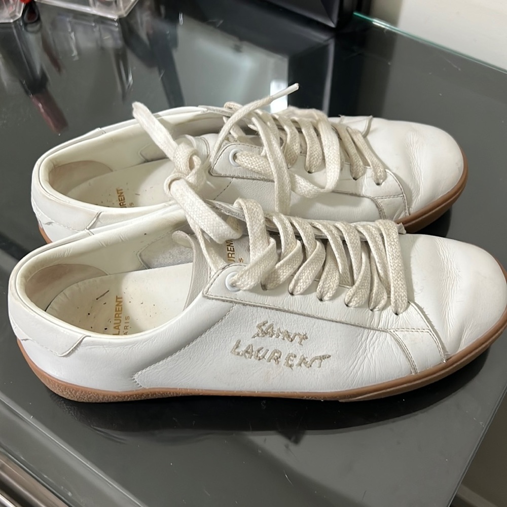 Women’s SAINT LAURENT 610649 EMBROIDERED LEATHER  white sneakers 38.5